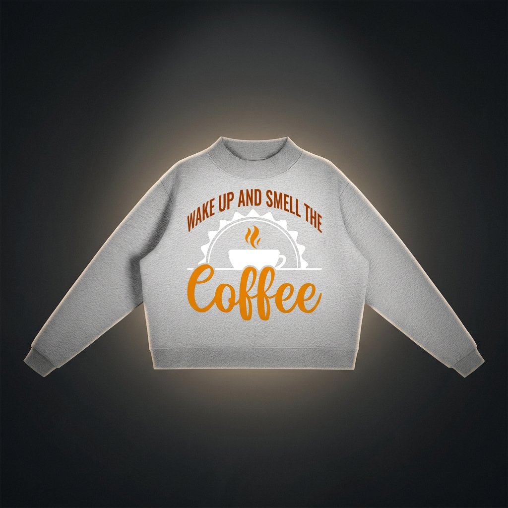 Heather gray oversized fleece mock neck sweatshirt with a rust brown Wake up and smell the coffee design with a white coffee cup and orange cursive Coffee on the front shown against a dark studio backdrop