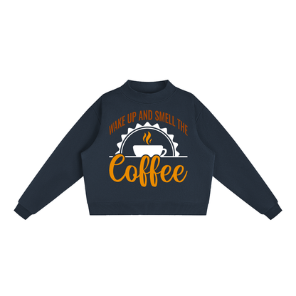 Navy Blue oversized fleece mock neck sweatshirt with a rust brown Wake up and smell the coffee design with a white coffee cup and orange cursive Coffee on the front