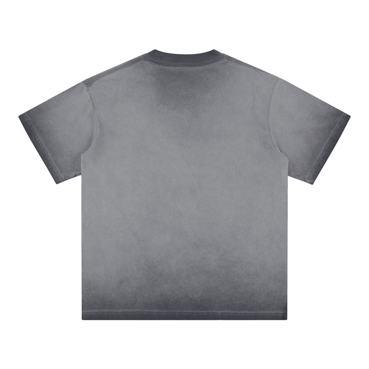 Back view of the reverse dye t-shirt in gray with darker faded edges
