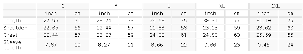 Size chart in inches and centimeters for the reverse dye loose t-shirt, showing length, shoulder, chest and sleeve length