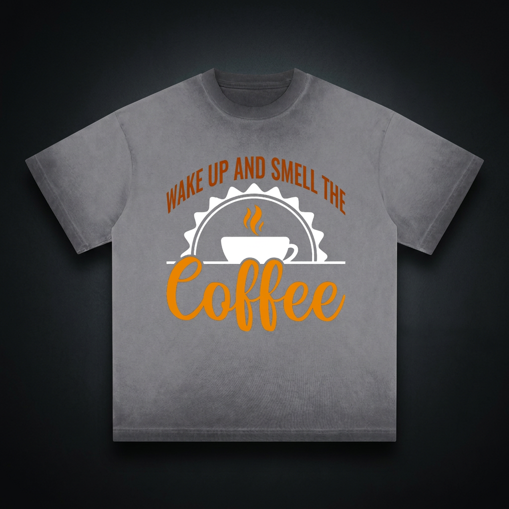 Washed gray reverse dye loose t-shirt with a rust brown Wake up and smell the coffee design with a white coffee cup and orange cursive Coffee on the front shown against a dark studio backdrop