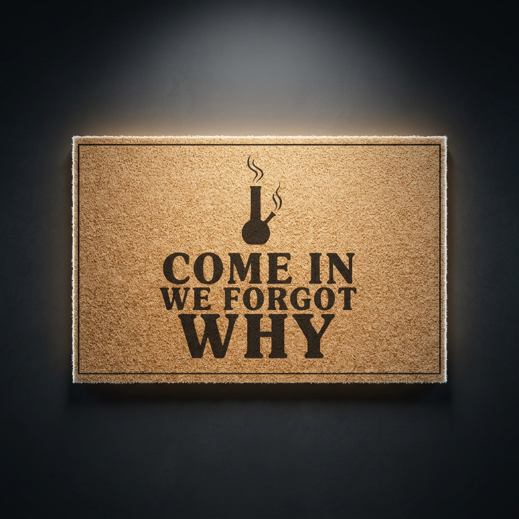 Come In We Forgot Why coir doormat with dark lettering on natural tan coir, shown on a dark studio backdrop