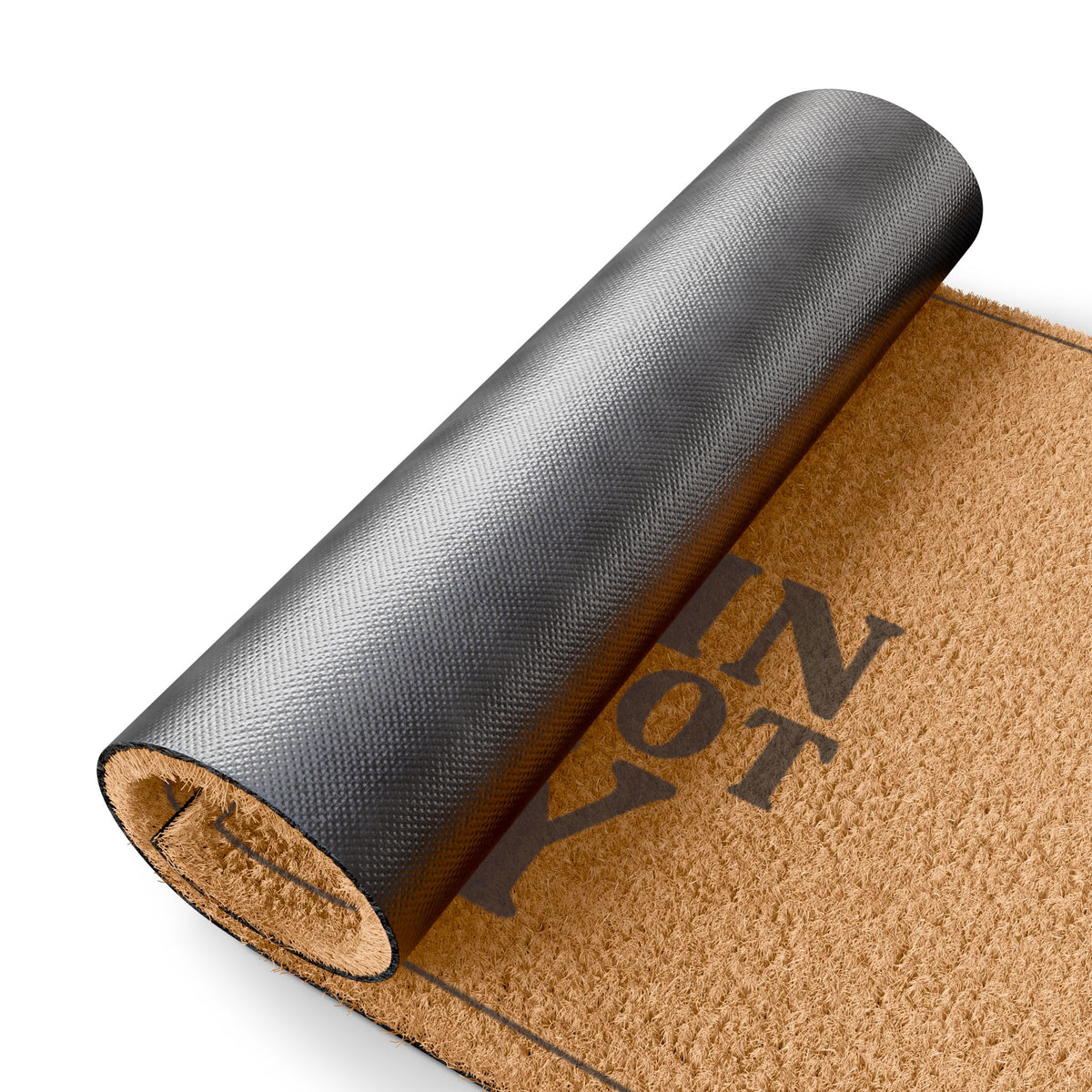 Rolled-up corner of the Come In We Forgot Why Smoke Icon Layout coir doormat showing the black vinyl backing