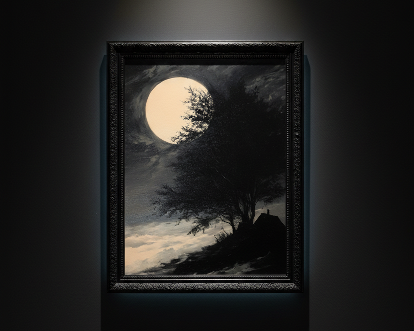 A vertical art print depicting a dark silhouetted tree and cottage beneath a large glowing full moon in a cloudy night sky, shown centered on a white background.