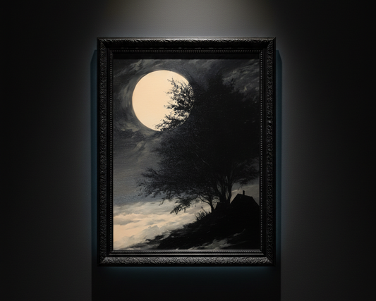 A vertical art print depicting a dark silhouetted tree and cottage beneath a large glowing full moon in a cloudy night sky, shown centered on a white background.