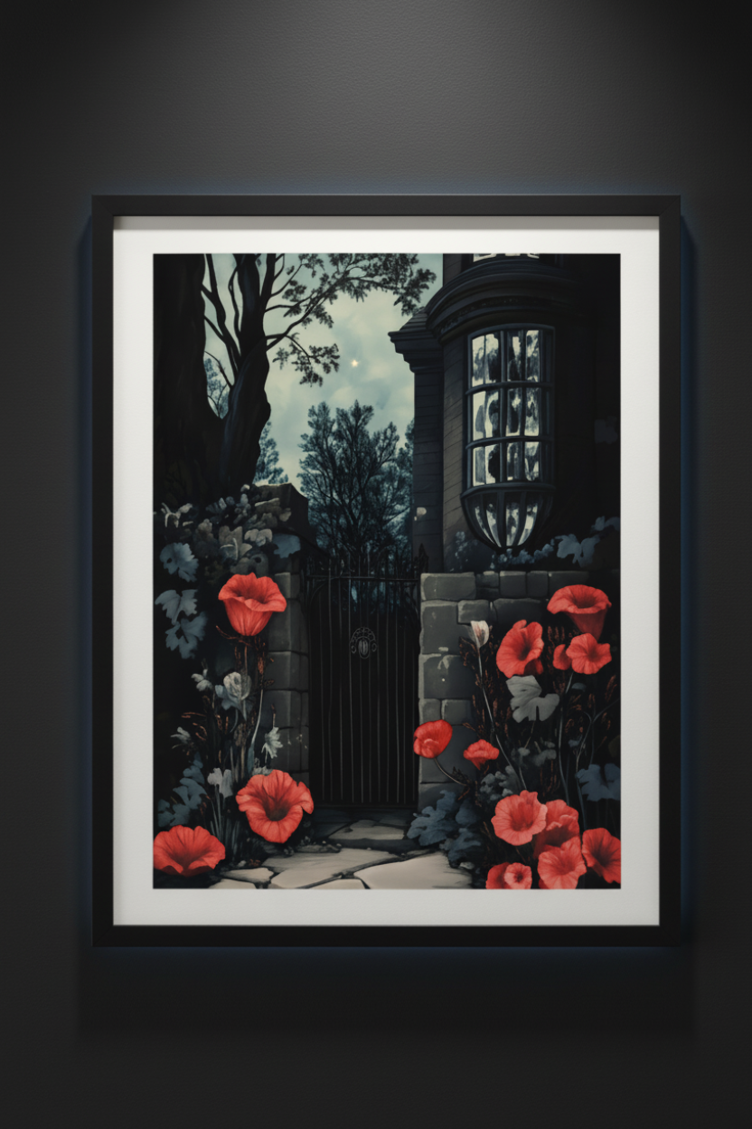 Crimson Gate gothic stone gatehouse with red poppies shown in a black framed gallery mockup