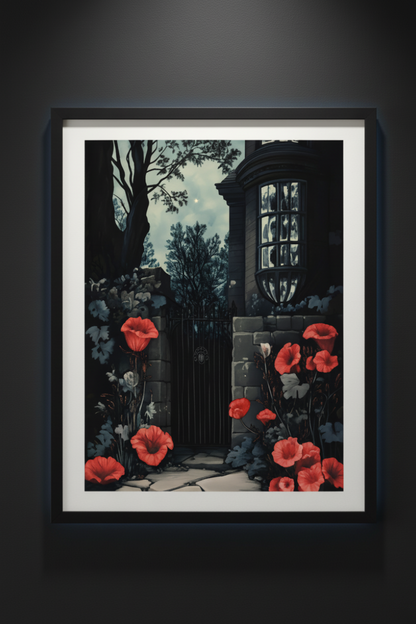 Crimson Gate gothic stone gatehouse with red poppies shown in a black framed gallery mockup
