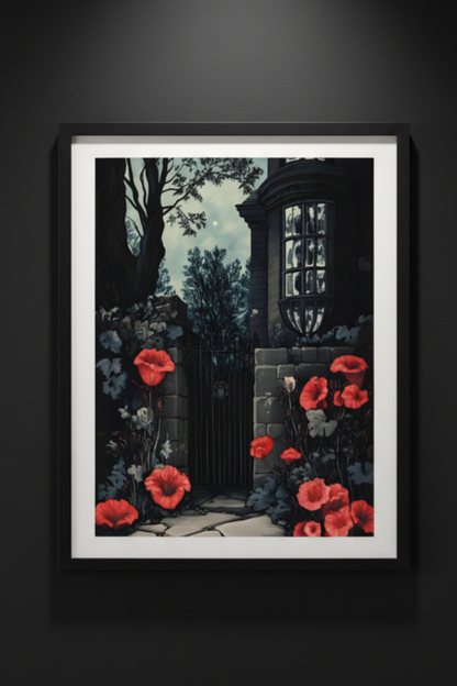 Crimson Gate gothic stone gatehouse with red poppies shown in a black framed gallery mockup