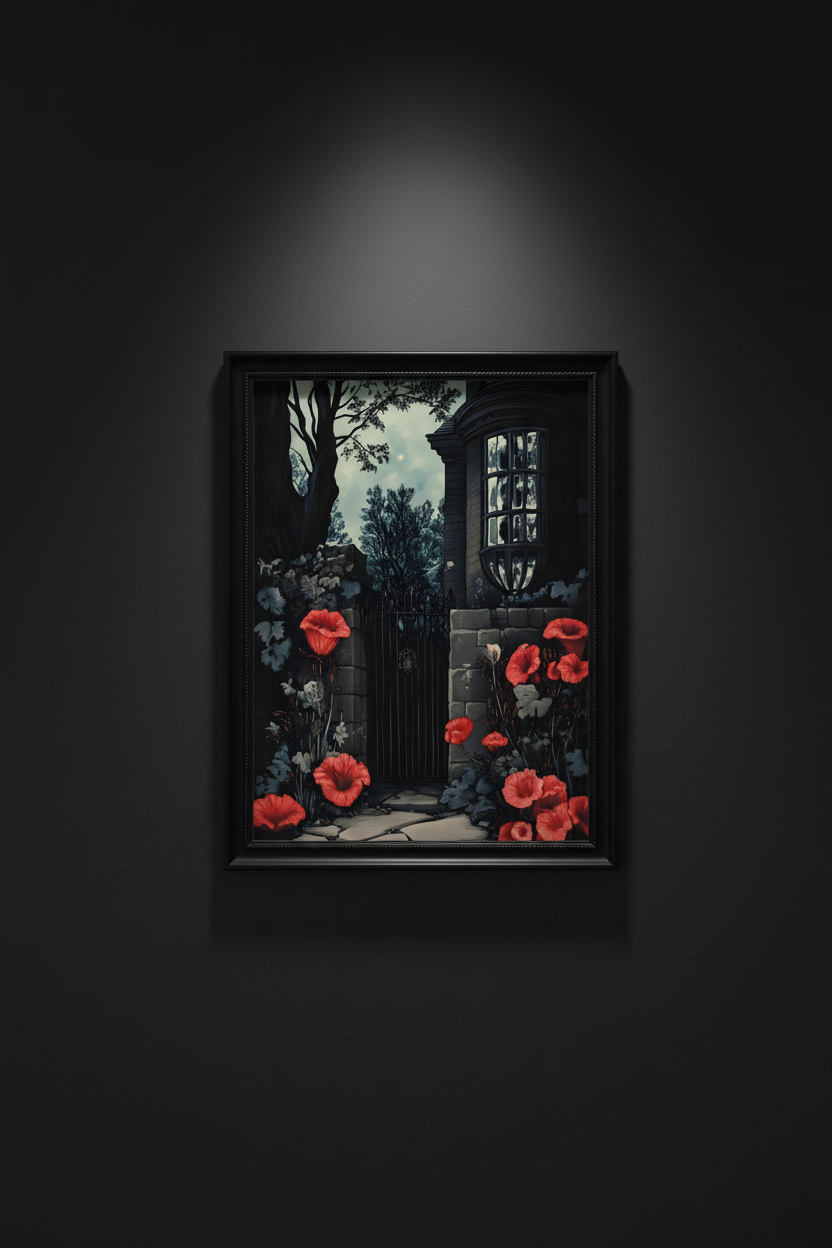 Crimson Gate moonlit gothic garden artwork with red poppies