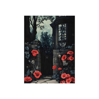 Crimson Gate gothic stone gatehouse and red poppies fine art print