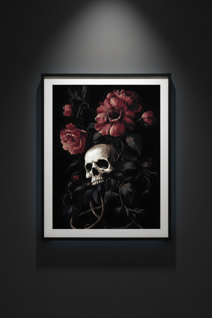 Crimson Memento skull and crimson flowers fine art artwork