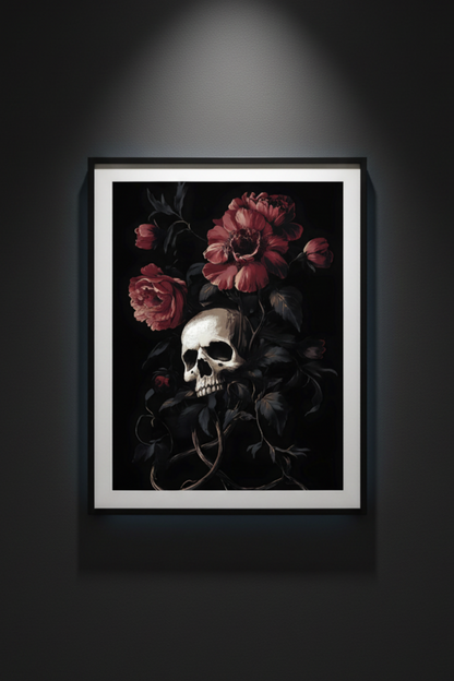 Crimson Memento skull and crimson flowers fine art artwork