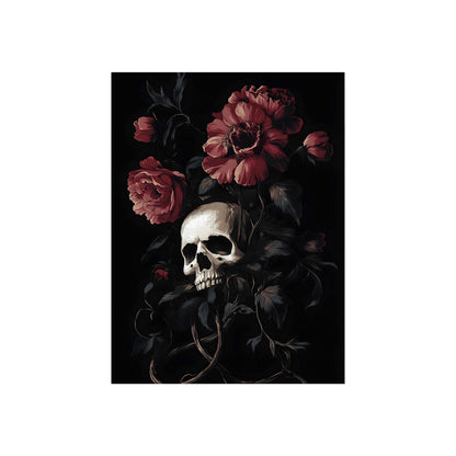 Crimson Memento gothic skull floral wall art shown in an interior mockup