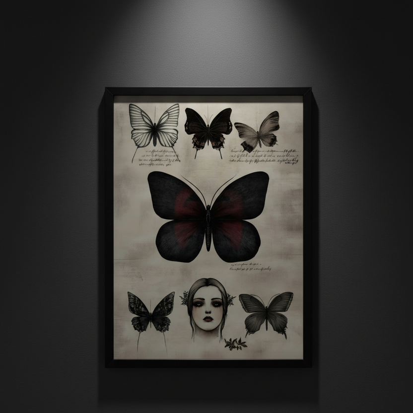 A vertical art print featuring vintage-style butterfly illustrations and a central butterfly with dark red wing panels, surrounding a woman's face in grayscale. Handwritten script appears along the top, and the print is shown centered on a light gray background.