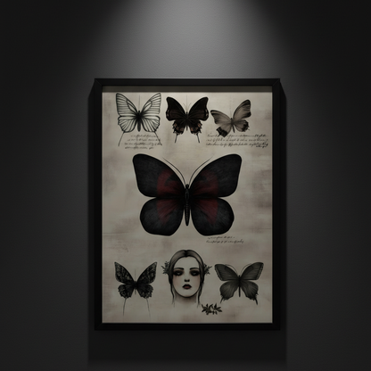 A vertical art print featuring vintage-style butterfly illustrations and a central butterfly with dark red wing panels, surrounding a woman's face in grayscale. Handwritten script appears along the top, and the print is shown centered on a light gray background.