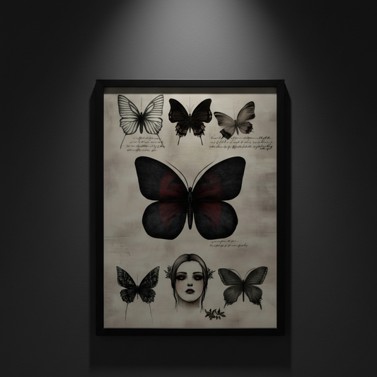 A vertical art print featuring vintage-style butterfly illustrations and a central butterfly with dark red wing panels, surrounding a woman's face in grayscale. Handwritten script appears along the top, and the print is shown centered on a light gray background.