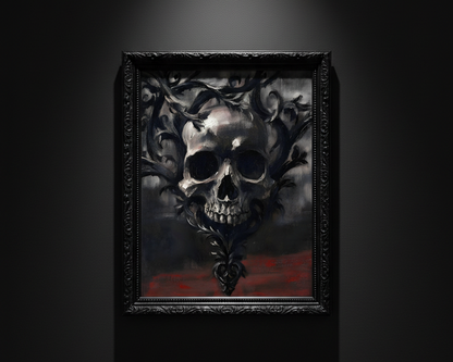A gothic-style artwork featuring a metallic silver skull surrounded by dark black vines and branches, with a smoky gray background and a red textured area at the bottom.