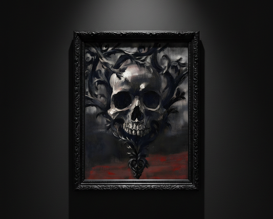 A gothic-style artwork featuring a metallic silver skull surrounded by dark black vines and branches, with a smoky gray background and a red textured area at the bottom.