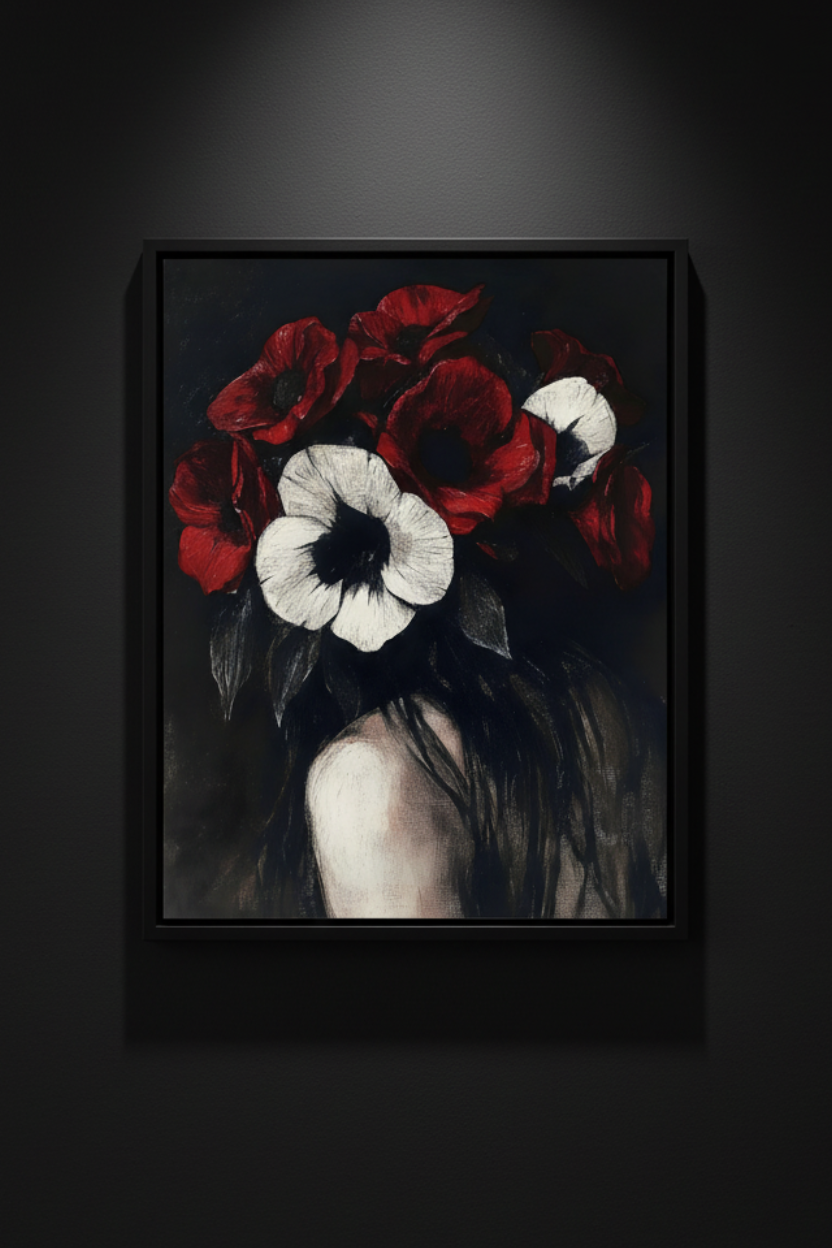 A dark, moody painting of a woman from behind with long dark hair and a large floral crown of red and white flowers, shown against a plain white background.