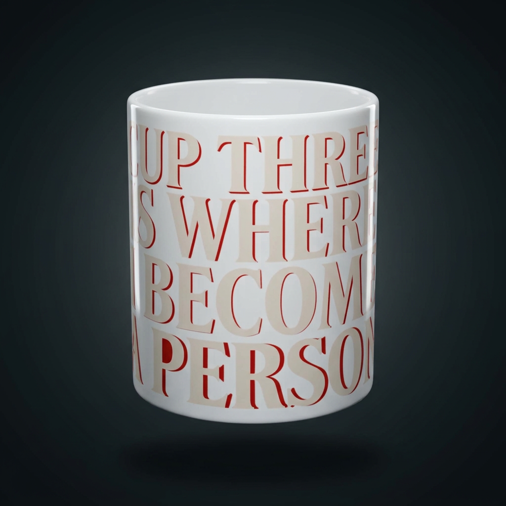 Funny coffee mug printed with "CUP THREE IS WHERE I BECOME A PERSON", shown on a dark studio background