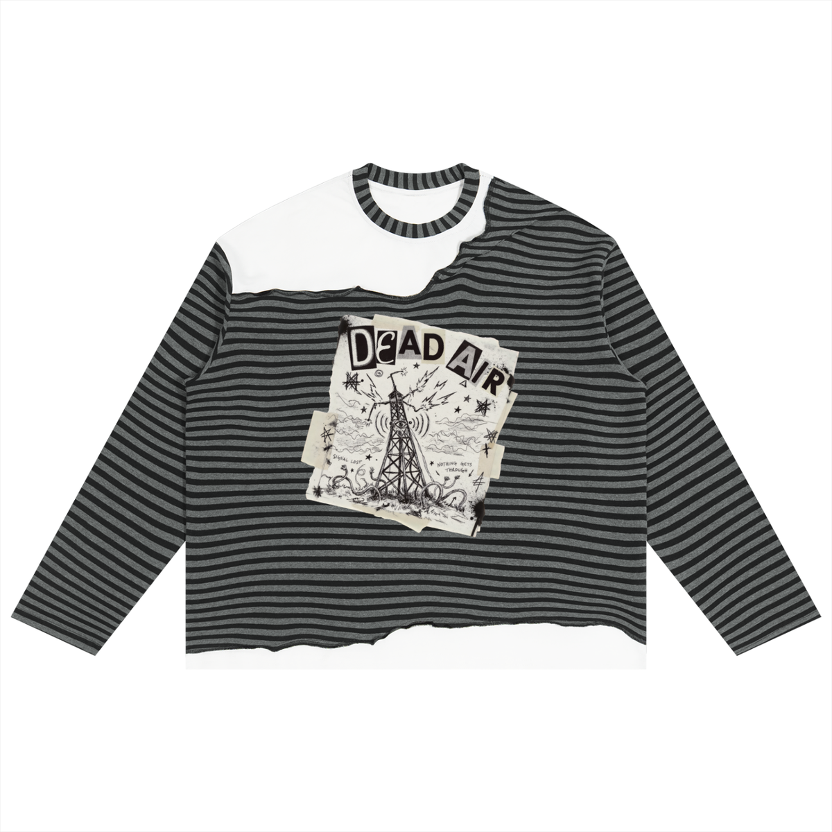 Black and gray striped long sleeve tee with a white torn-edge shoulder panel and a Dead Air radio tower graphic, front view