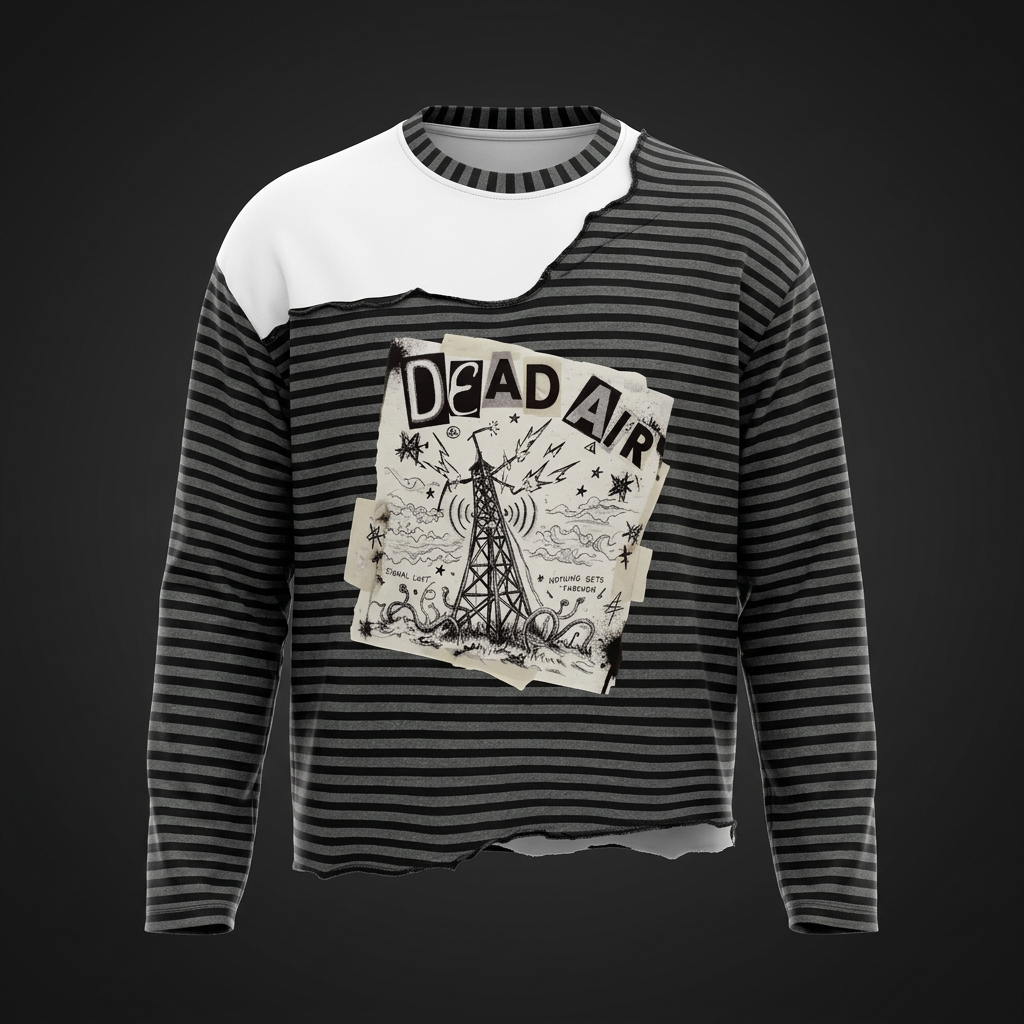 Gray striped long sleeve tee with white torn panel at the shoulder, raw edges and a Dead Air radio tower poster graphic on the chest