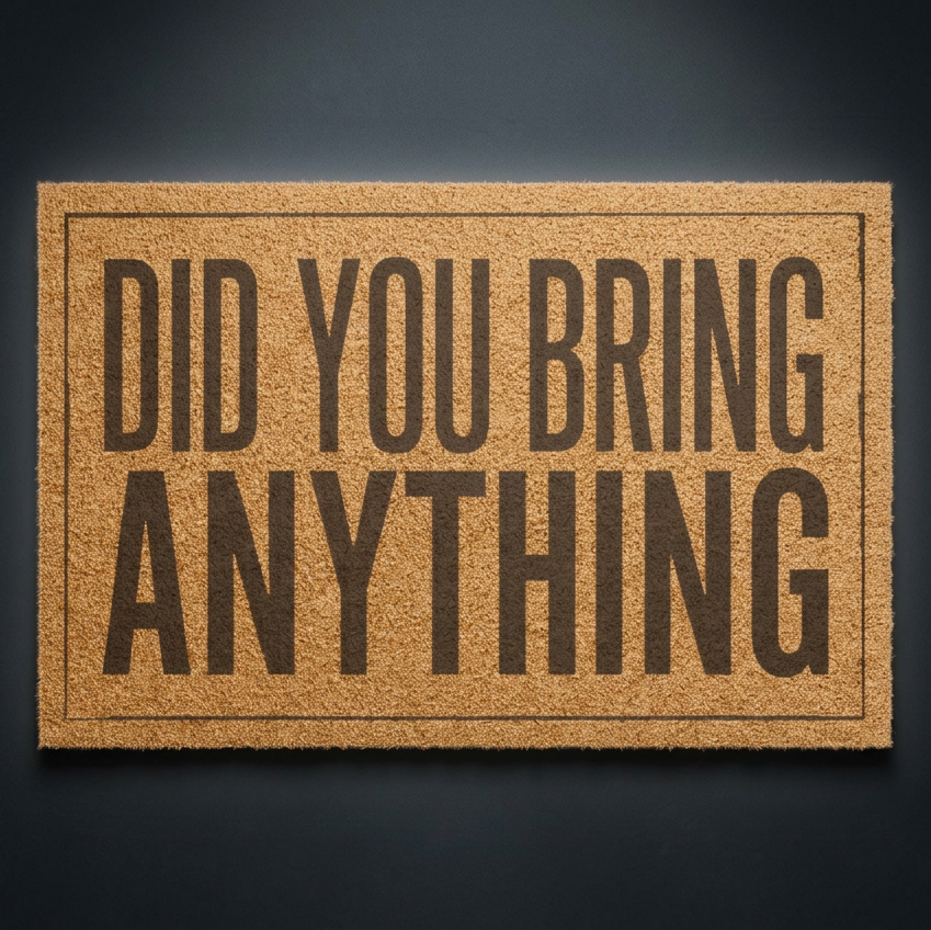 Did You Bring Anything coir doormat with dark lettering on natural tan coir, shown on a dark studio backdrop