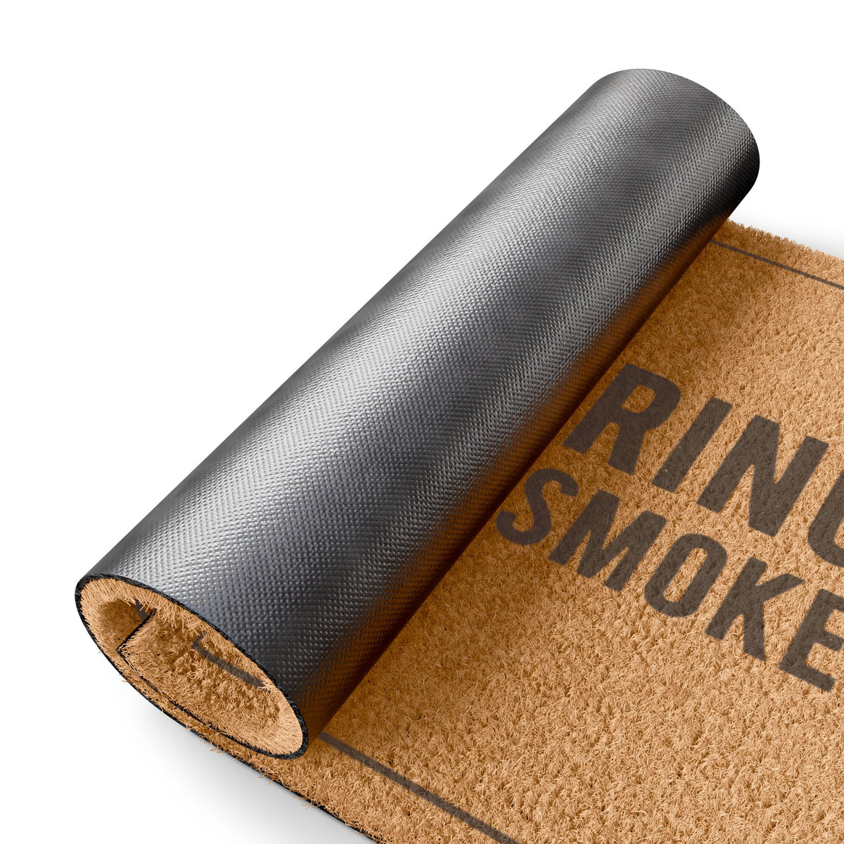Rolled-up corner of the Did You Bring Anything to Smoke coir doormat showing the black vinyl backing
