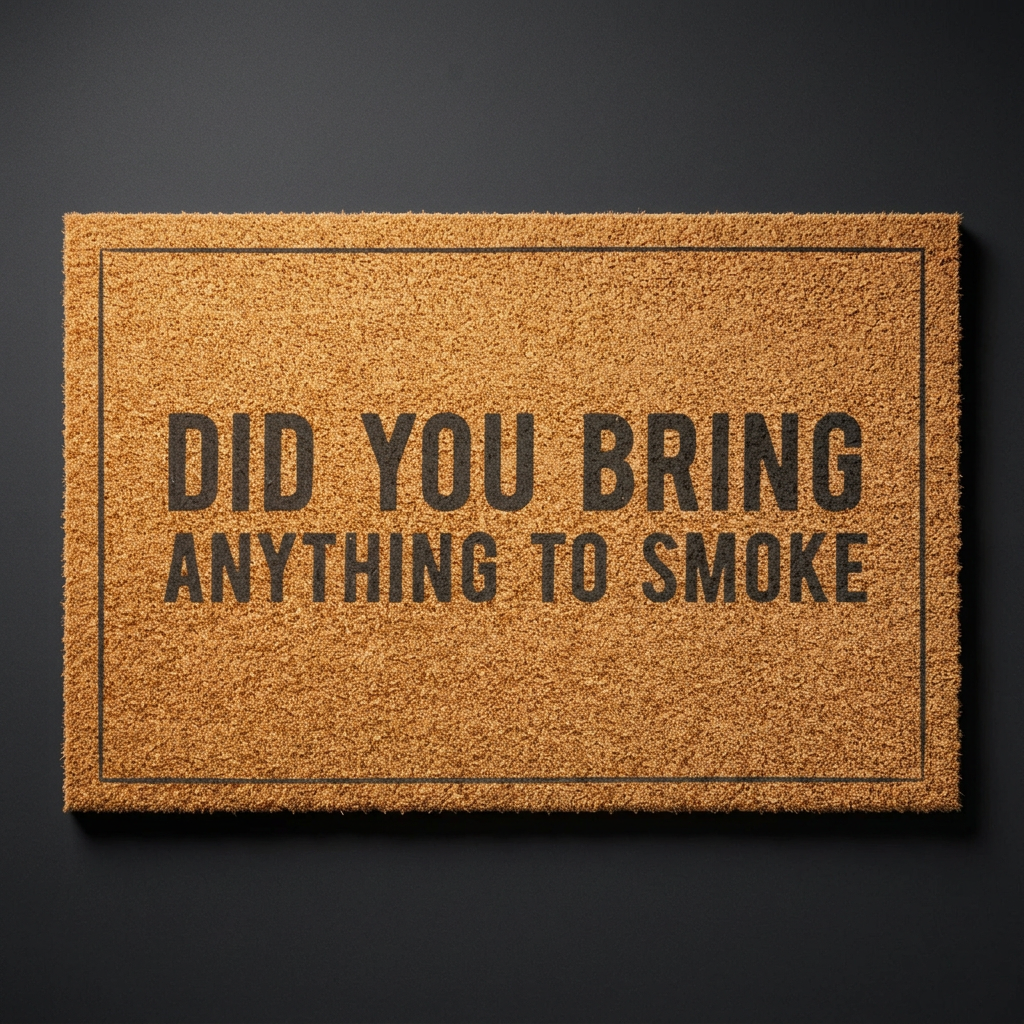 Did You Bring Anything to Smoke coir doormat with dark lettering on natural tan coir, shown at an angle on a dark studio backdrop