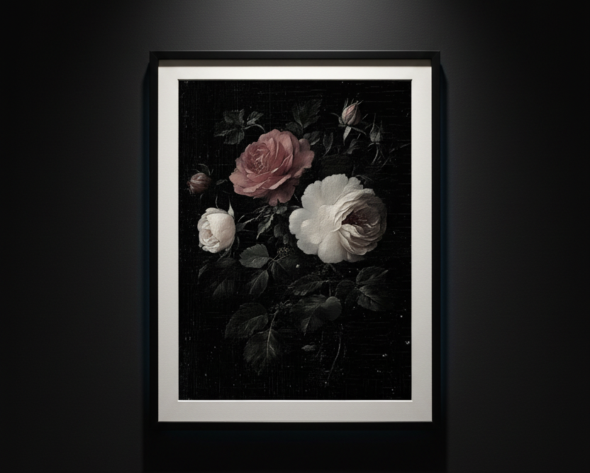 A vertical art print depicting a classic oil painting of roses, featuring a large dusty pink rose, a white rose, and dark green foliage against a black background, shown centered on a white canvas.