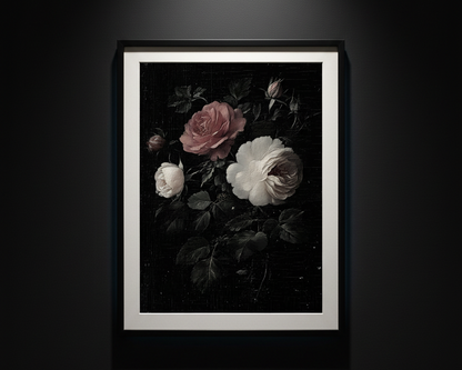 A vertical art print depicting a classic oil painting of roses, featuring a large dusty pink rose, a white rose, and dark green foliage against a black background, shown centered on a white canvas.