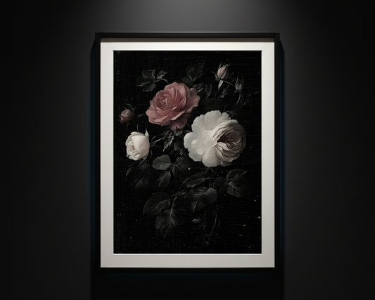 A vertical art print depicting a classic oil painting of roses, featuring a large dusty pink rose, a white rose, and dark green foliage against a black background, shown centered on a white canvas.