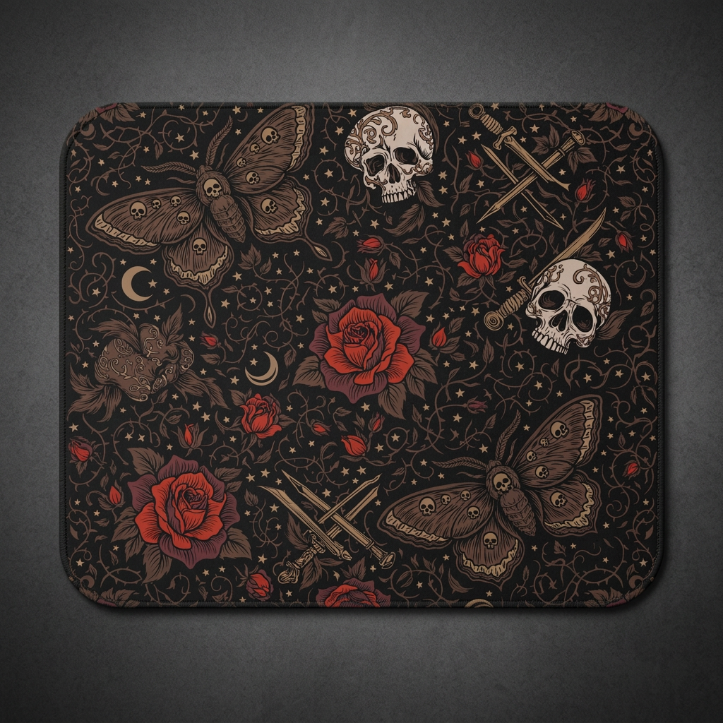 Gothic Skull Moth Mouse Pad – Dark Floral Desk Decor