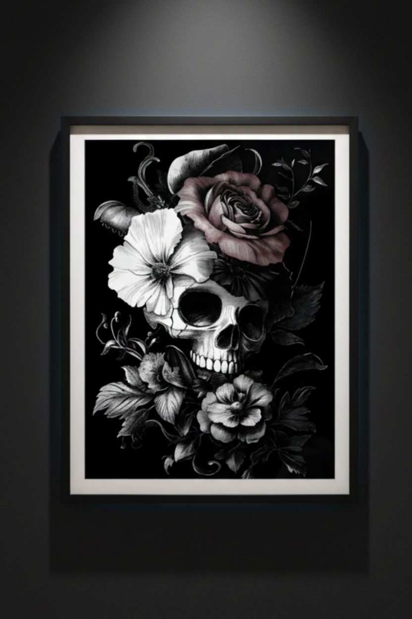 Elegy in Bloom gothic skull and flowers fine art artwork