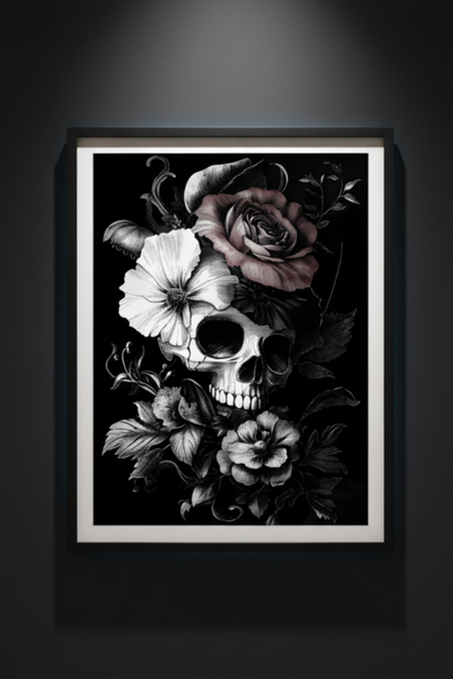 Elegy in Bloom gothic skull and flowers fine art artwork