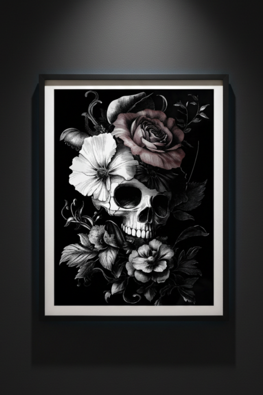 Elegy in Bloom gothic skull and flowers fine art artwork