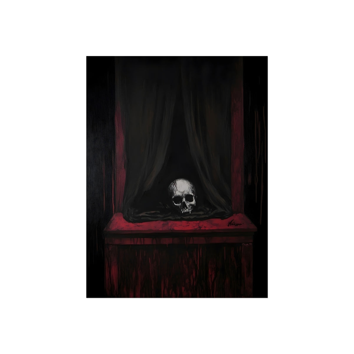 Eternal Smile | Gothic Skull Fine Art Poster fine art poster mockup displayed in an interior setting.