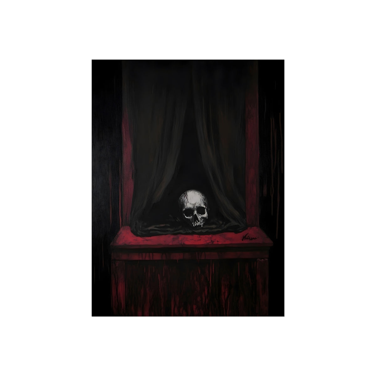 Eternal Smile | Gothic Skull Fine Art Poster fine art poster mockup displayed in an interior setting.
