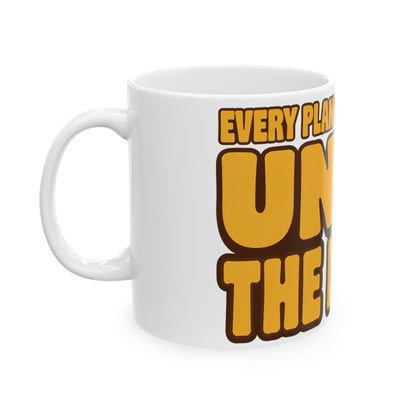 Funny coffee mug printed with "EVERY PLAN IS A GREAT IDEA UNTIL THE DAY OF", left side view
