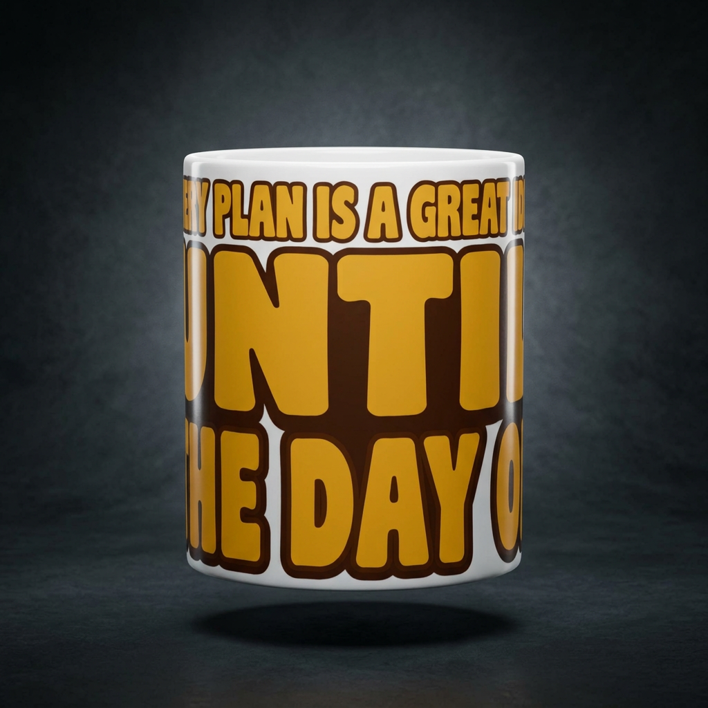 Funny coffee mug printed with "EVERY PLAN IS A GREAT IDEA UNTIL THE DAY OF", shown on a dark studio background