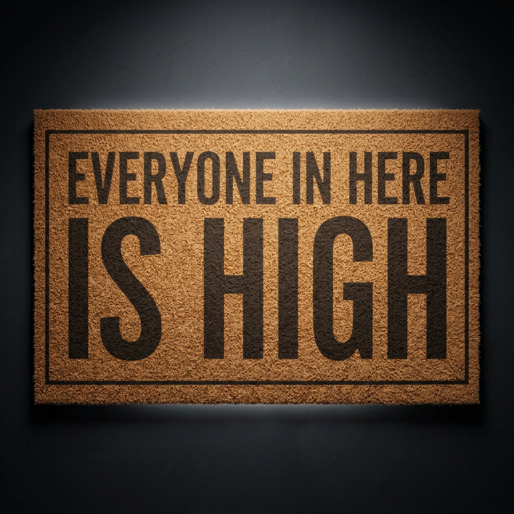 Everyone in Here Is High coir doormat with dark lettering on natural tan coir, shown on a dark studio backdrop