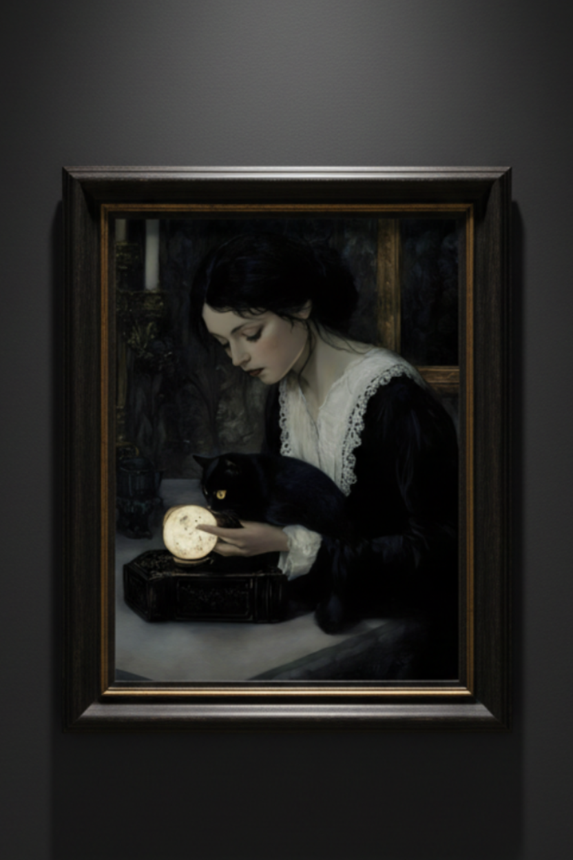 Familiar Silence woman and cat fine art artwork