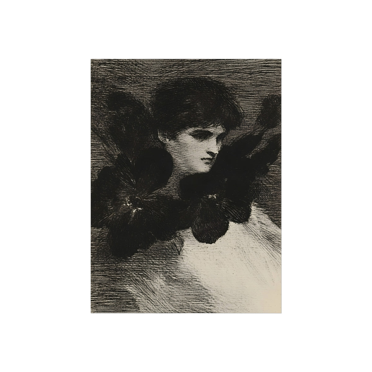 Feathered Reverie monochrome portrait shown in an interior mockup