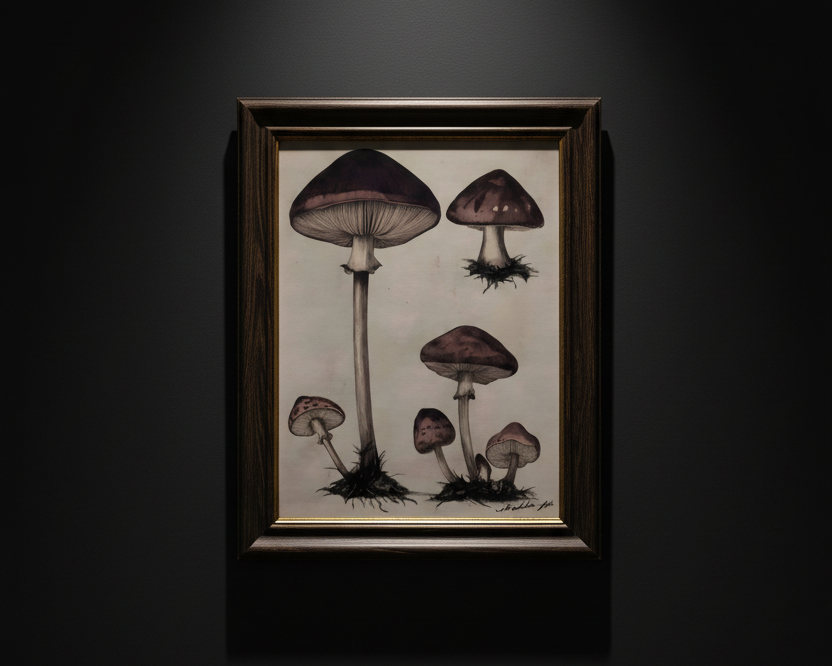 A botanical art print featuring detailed illustrations of various mushroom species, including a large central mushroom, a smaller one to the right, and several below, rendered in dark brown and muted red tones on a warm beige background.