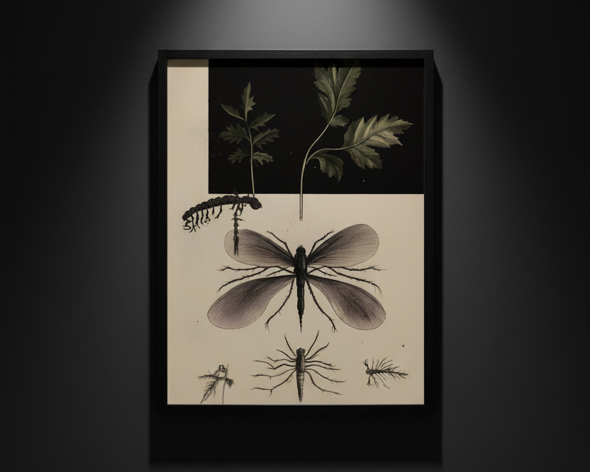 Black botanical and insect line art featuring detailed leaves and bugs on a clean white background.