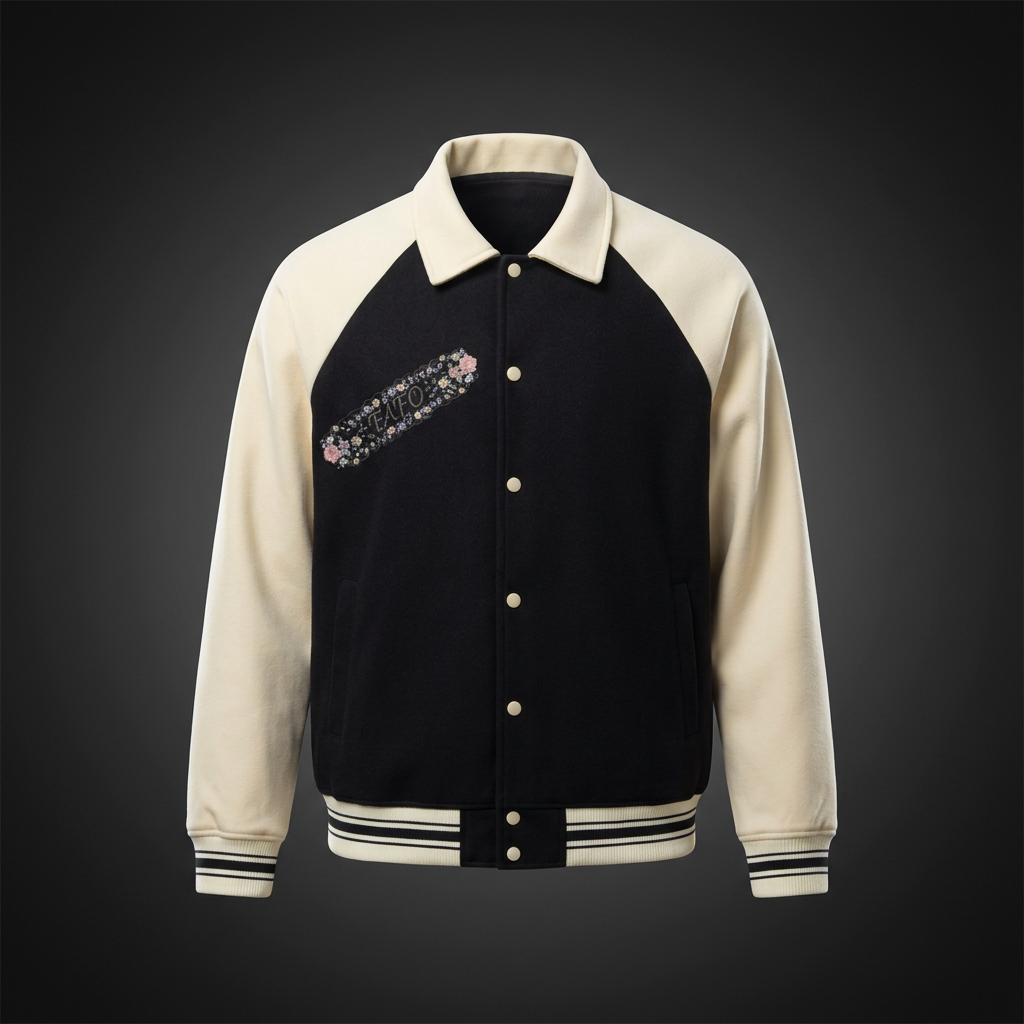 Baseball jacket with a black body and cream sleeves and a small diagonal strip of pink flowers and FAFO lettering on the chest, shown against a dark studio backdrop