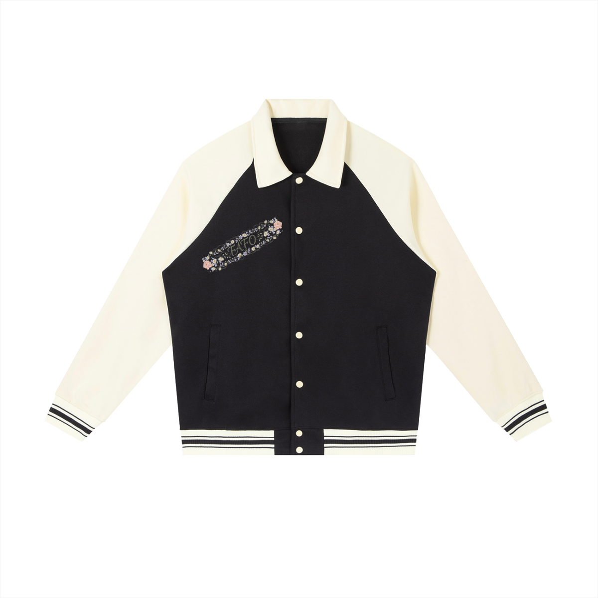 Front of black baseball jacket with cream sleeves and collar, striped ribbed hem and a diagonal band of flowers with FAFO lettering on the chest