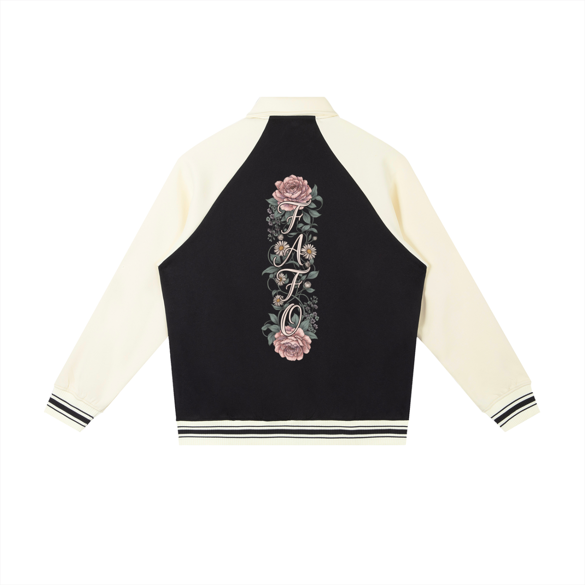 Back of black baseball jacket with cream sleeves and a tall column of pink roses and leaves with FAFO letters stacked from top to bottom