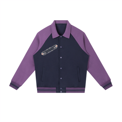 Front of navy blue baseball jacket with purple sleeves and collar and a diagonal band of flowers with FAFO lettering on the chest