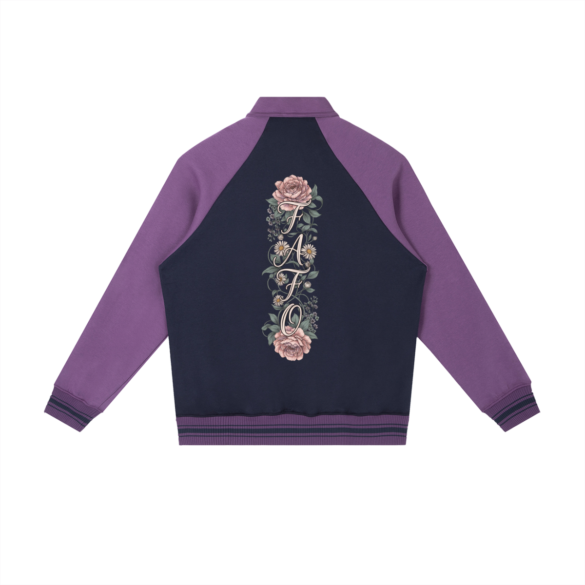 Back of navy blue baseball jacket with purple sleeves and a tall column of pink roses and leaves with FAFO letters stacked from top to bottom